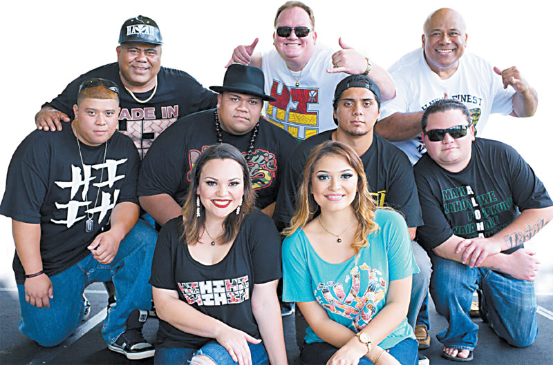 The original band members pose with their children during a recent gathering at Koolau Golf Club. Pictured are: (bottom row, from left) Lilo and Kalena De Lima (Kelly Boy's daughters); (middle row) Dustin Park (Timo's son), Josh Tatofi (Tiva's son), Isaiah Pamatigan (son of Solo Pamatigan of Tropical Knight's and godson of Kelly Boy) and Kapena De Lima (Kelly Boy's son); (top row) and Timo Tatofi, Kelly Boy De Lima and Tiva Tatofi. PHOTO COURTESY OF KAPENA 