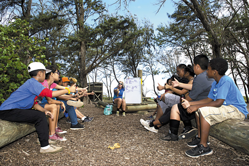 As it celebrates 90 years of camping on the North Shore, Camp Erdman remains a place for rest and rejuvenation, while reinventing itself and the fun available to campers. Here, counselor Hannah Leeper works with students from Kalihi Uka Elementary School | PHOTO BY NATHALIE WALKER