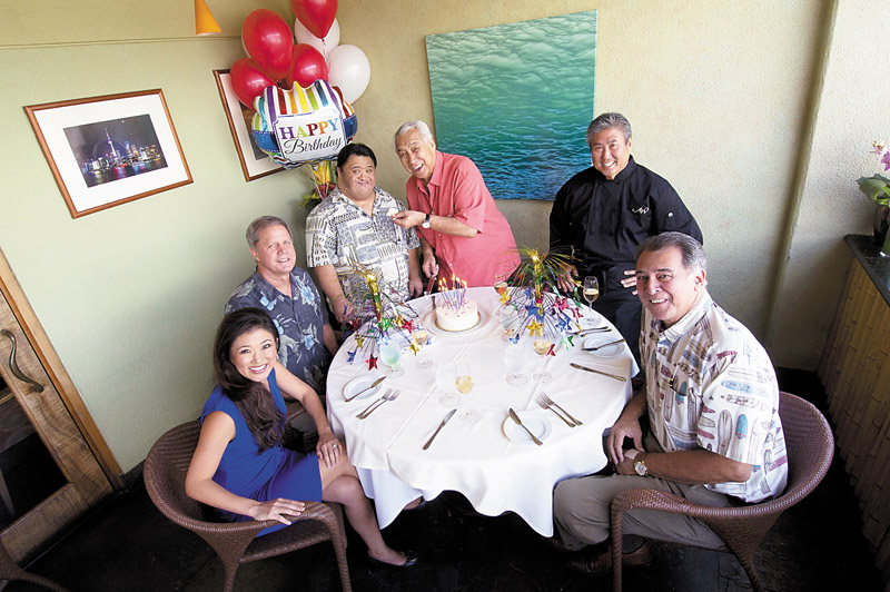(From left)  Easter Seals Hawaii director of development Kelly Ikeda Ellis, Easter Seals Hawaii president and CEO Ron Brandvold, Shawn Galuteria, Danny Kaleikini, chef Alan Wong and state Sen. Brickwood Galuteria NATHALIE WALKER PHOTO 