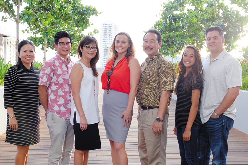 (From left) GIFT Foundation event co-chairs Morgan Kaya, Robert Kurisu and Bonny Amemiya, and beneficiaries Elizabeth ‘Annie' Valentin, Keith Kuboyama, Malia Benn and Trevor Benn LAWRENCE TABUDLO PHOTO 