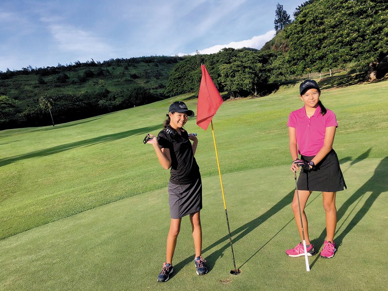 Miki Akina shares this picture of her proud twin golfers, Love and Olivia Akina (age 12), enjoying lessons from Coach Beau at Top Dawgs Golf Academy in Hawaii Kai.