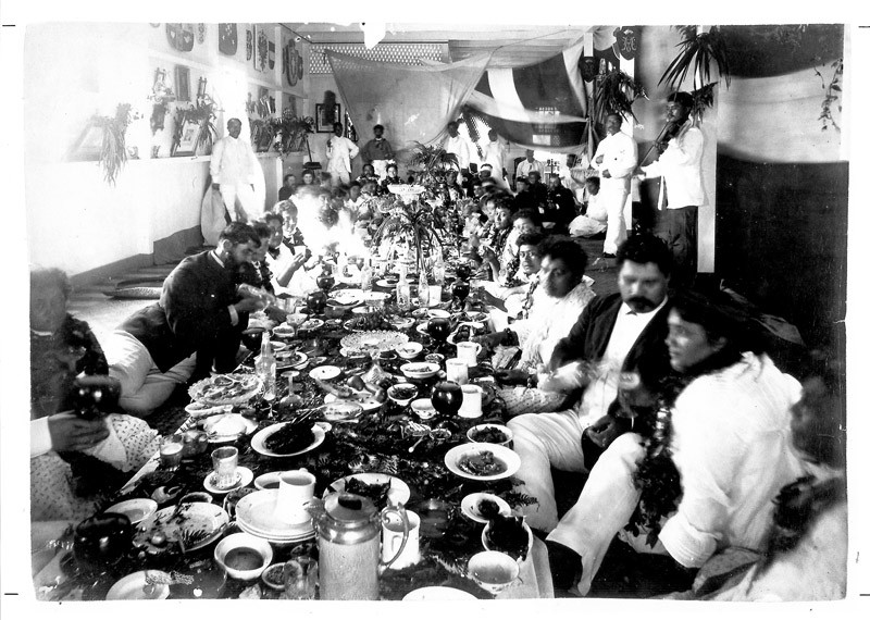 A photo of a luau thrown by King Kalakaua in 1883 (he's seated at the table's far end), part of the society's archives PHOTO COURTESY HHS 