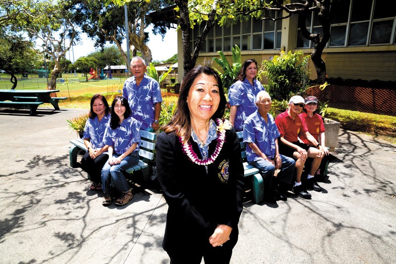 District 50 Hawaii Lions district governor Nadine Nishioka (center), with (from left) Kathryn Chung, Rachel Yamashita, Lawrence Agena, Leona Kobashigawa, Melvin Nakamura, and Tom and Karen Otaguro of Manoa Lions Club 