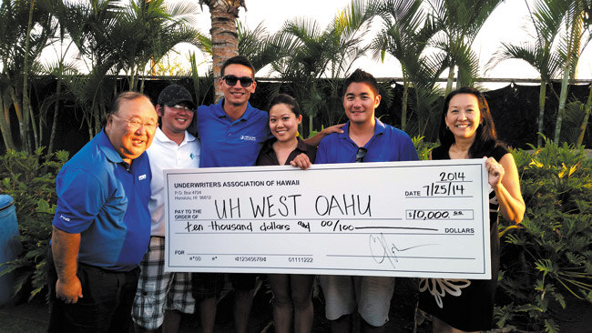 Underwriters Association of Hawaii presented a donation to UH West Oahu for its Risk Management and Insurance certificate program. Pictured are (from left) Myles Murakami (Atlas Insurance and UH West Oahu Insurance Advisory Board), Devon Uyehara (IC International), Chris Laniauskas (UAH and Cavanah Associates), Lauren Aoki (First Insurance Company of Hawaii Ltd.), Ryan Kawamoto (Island Insurance) and Sharon Lee (UH West Oahu). Photo courtesy of UH West Oahu.